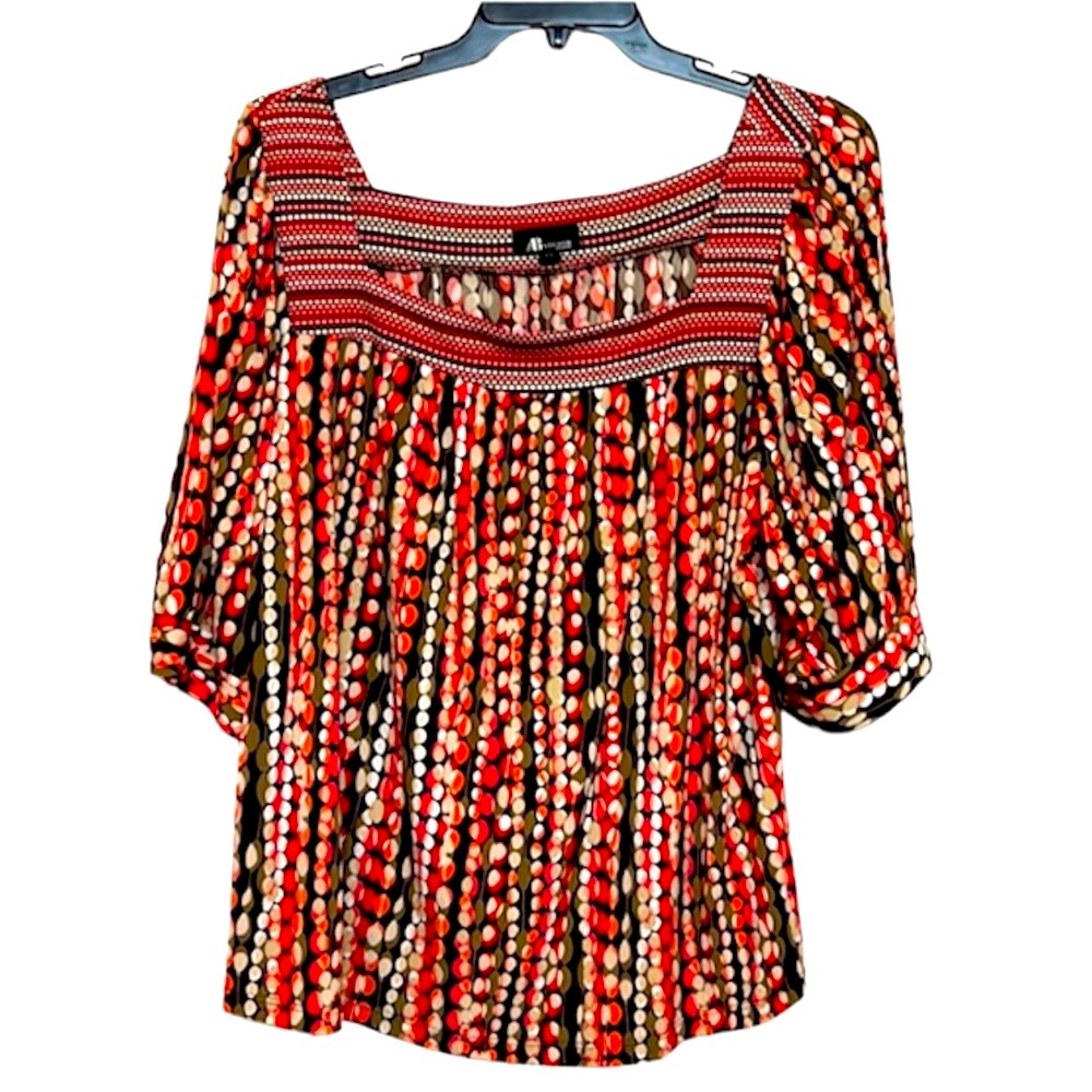 🌞 AB Studio vtg red black square neck half sleeve tunic top women plus size 2X